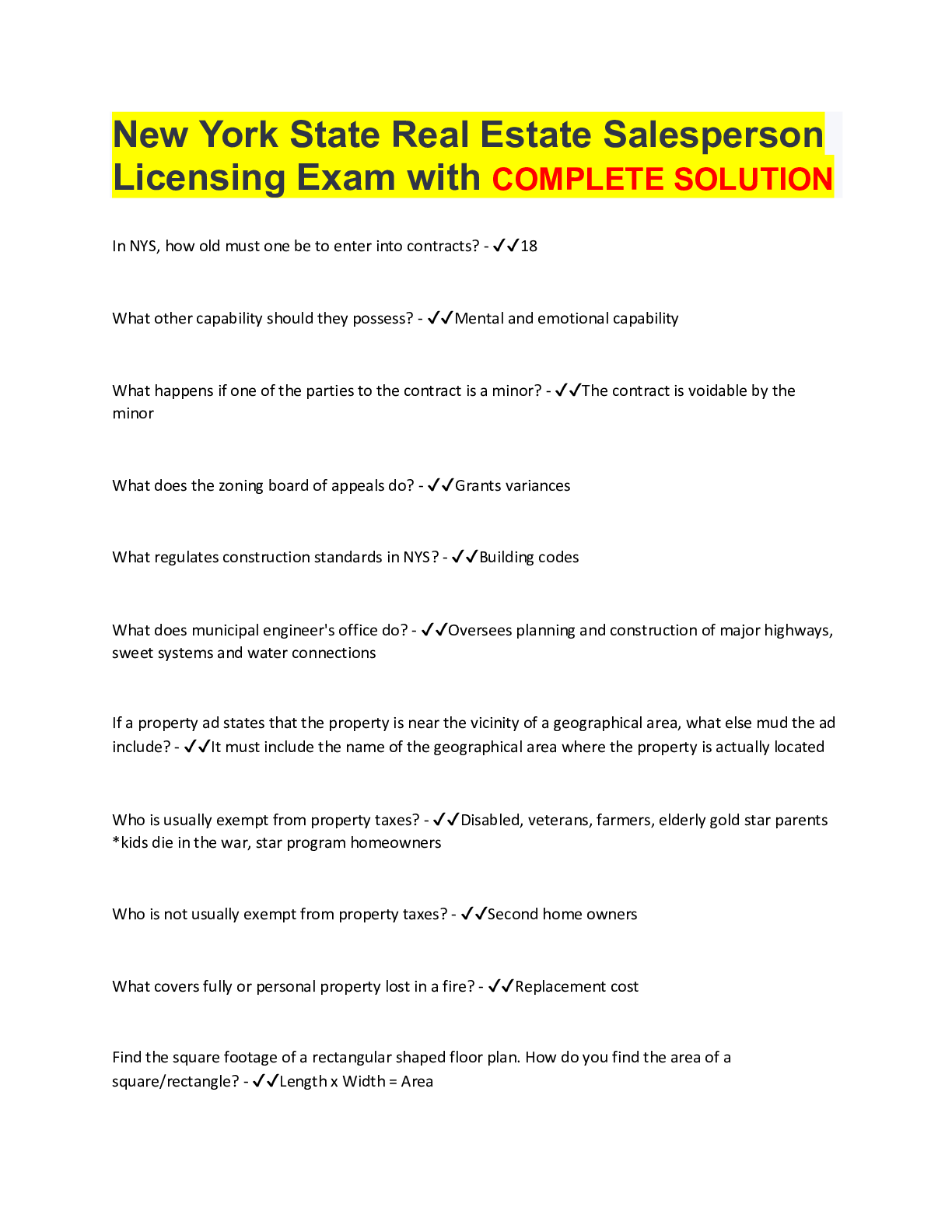 New York State Real Estate Salesperson Licensing Exam 2022 With Complete Solution Browsegrades 